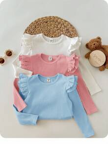 SHEIN 3pcs/Set Babygirl Cute Versatile Solid Color Knit Long Sleeve Top With Ruffle Sleeves, Casual Autumn/Winter - Multicolor - View 2