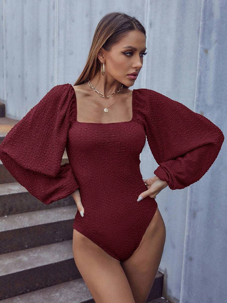 Firerie Body de mujer de unicolor con cuello cuadrado y mangas farol