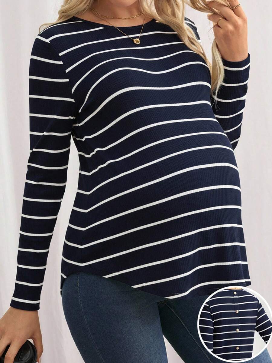 SHEIN Maternity Striped Button Back Butterfly Sleeve Curved Hem T-Shirt,Navy Blue Summer Smart Casual Everyday Pregnancy Shirts Long Sleeve Autumn Tops - Navy Blue - View 1