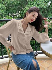 DAZY 女士优雅缎面衬衫，双层领，珍珠装饰和金属纽扣饰边，适合秋季、春夏季长袖上衣 - 香檳色 - 查看 4