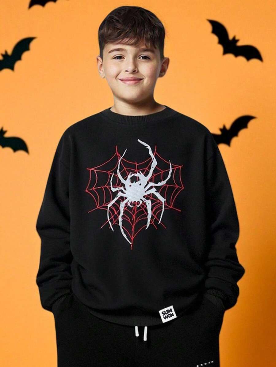 SUMWON 万圣节蜘蛛网图案运动衫长袖套头衫圆领运动衫秋季假日季节休闲家居服男孩怪异主题服装