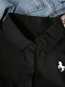 Sparklyn 少女马匹印花长袖单排扣休闲衬衫 - 黑色 - 查看 3