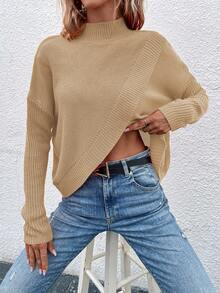 EMERY ROSE Women's Solid Color Stand Collar Dropped Shoulder Long Sleeve Asymmetric Hem Loose Pullover Sweater, Autumn/Winter - Khaki - View 6