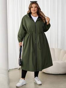 SHEIN CURVE+ 加大码女式绿色抽绳连帽保暖内衬长袖风衣，加大码女式连帽夹克雨衣秋冬装 - 綠色 - 查看 8