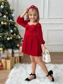 SHEIN Váy ngắn chữ A thắt nơ lớn màu đỏ trơn cho bé gái, tay dài, cổ điển thanh lịch, thích hợp cho tiệc tùng, giáng sinh, vũ hội năm mới, mùa đông - Màu Đỏ Sâu - Xem 8