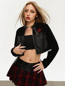 Rina Fox 2025 جاكيت نسائية موضة الرقعة المطرزة، طراز الشارع الجامعي - الأسود - مشاهدة 6