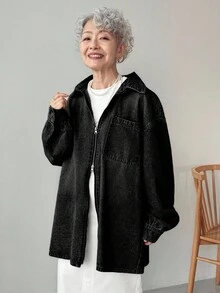 FRIFUL Women's Autumn Drop Shoulder Long Sleeve Zipper Front Casual Pocket Denim Jacket