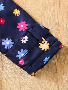 SHEIN Young Girls Floral Lined Hooded Double-Breasted Fashion Navy Blue Jacket, Suitable For Casual Daily Wear - Navy Blue - View 6