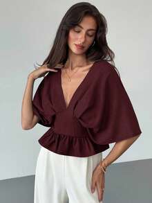 Aloruh Áo kiểu nữ đơn giản, màu trơn, cổ chữ V, viền bèo, thích hợp mặc hàng ngày, mùa hè, màu đỏ, áo mùa hè đi nghỉ mát. - Màu Đỏ Sâu - Xem 5