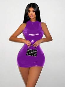 Zolique 女式纯色仿皮镂空后背圆领无袖修身迷你连衣裙 PU 皮革女装