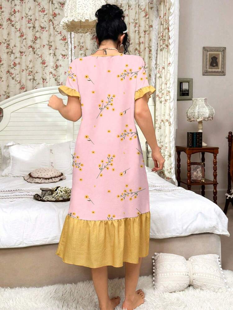 CottageSlumber 撞色荷叶边花卉印花 V 领短袖睡袍 - 粉色 - 查看 2