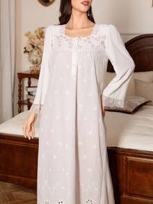 PalaceNights Women's Vintage Palace Style Square Collar 3D Floral Embroidery Lace Trim Long Nightgown, For Fall, Winter - White - View 3
