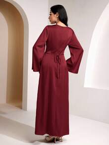 Veilorie Vestido de manga larga elegante con decoración de anillo de metal plisado de unicolor para mujer