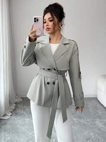 Elenzga 女士编织优雅通勤秋冬风衣外套 - 綠色 - 查看 4