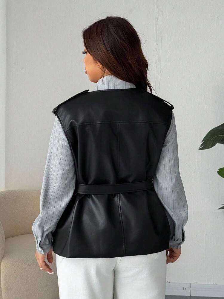 Dazy Plus Plus Size Women PU Material Loose Waist Sleeveless Street Style Jacket Vest Leather Jacket