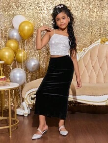 SHEIN NovaGlow Tween Girl Tween Girl 休闲日常优雅黑色天鹅绒紧身连衣裙，适合派对和节日 - 黑色 - 查看 4