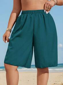 Swim Vcay Women's Plus Size Solid Color Knee Length Shorts, Suitable For Beach & Resort Wear For Summer Beach Vacation - Blue - View 1