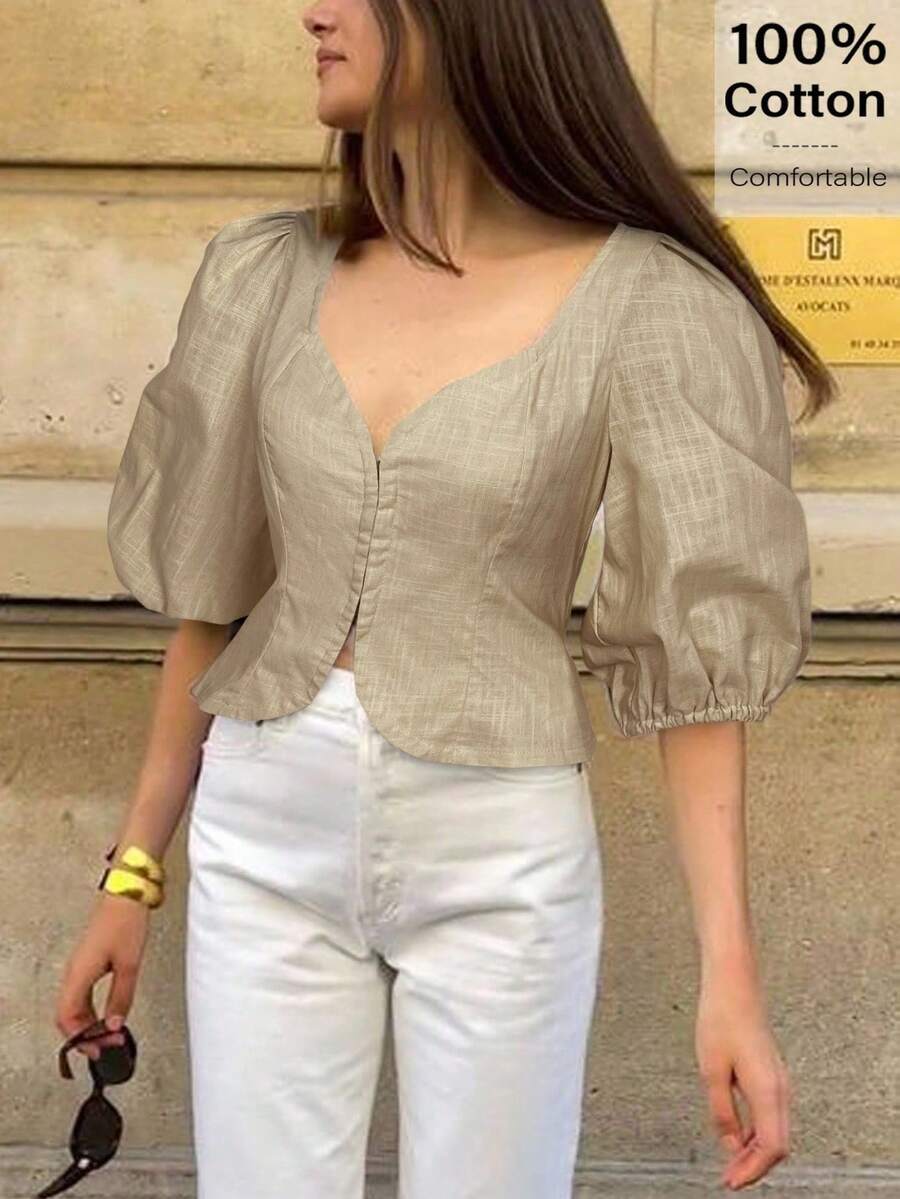 Siren Gaze Bluză la modă pentru femei, culoare solidă, cu guler inimă, mâneci bufante, 2025. Ideală pentru zilele la plajă, naveta, zilele de naștere și întâlniri. Potrivită atât pentru vară, cât și pentru începutul toamnei.