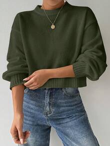 Elyressa Tropiluxe 女式纯色简约休闲圆领长袖白色毛衣 - 軍綠色 - 查看 7