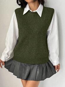 SHEIN Raffinéa Chaleco de punto de unicolor versátil y casual para mujer - Verde militar - Ver 3