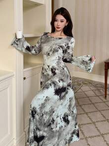 DAZY ثوب نوم طويل للنساء مع خصر مربوط بنمط صبغ التعادل للموسم الخريفي