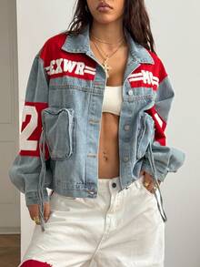 StreetHx Women's Casual Fashion Street Letter Graphic Patchwork Zipper Pocket Dropped Shoulder Loose Denim Jacket, Spring/Autumn - Blue - View 6