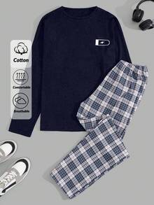 EURMUSE Men Letter Printed Long Sleeve Regular T-Shirt And Pants Loungewear Set - Navy Blue - View 1