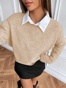 SHEIN LUNE Casual Style Solid Color Crew Neck Knit Long Sleeve Sweater - Apricot - View 3