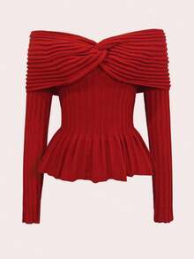 Islaluna Women's Red Elegant Off-Shoulder Long Sleeve Knit Top,Autumn Party Slim Fit Ruffled Babydoll Cropped Sweater,French Bow Waisted Ribbed Casual Pullover - Red - View 1