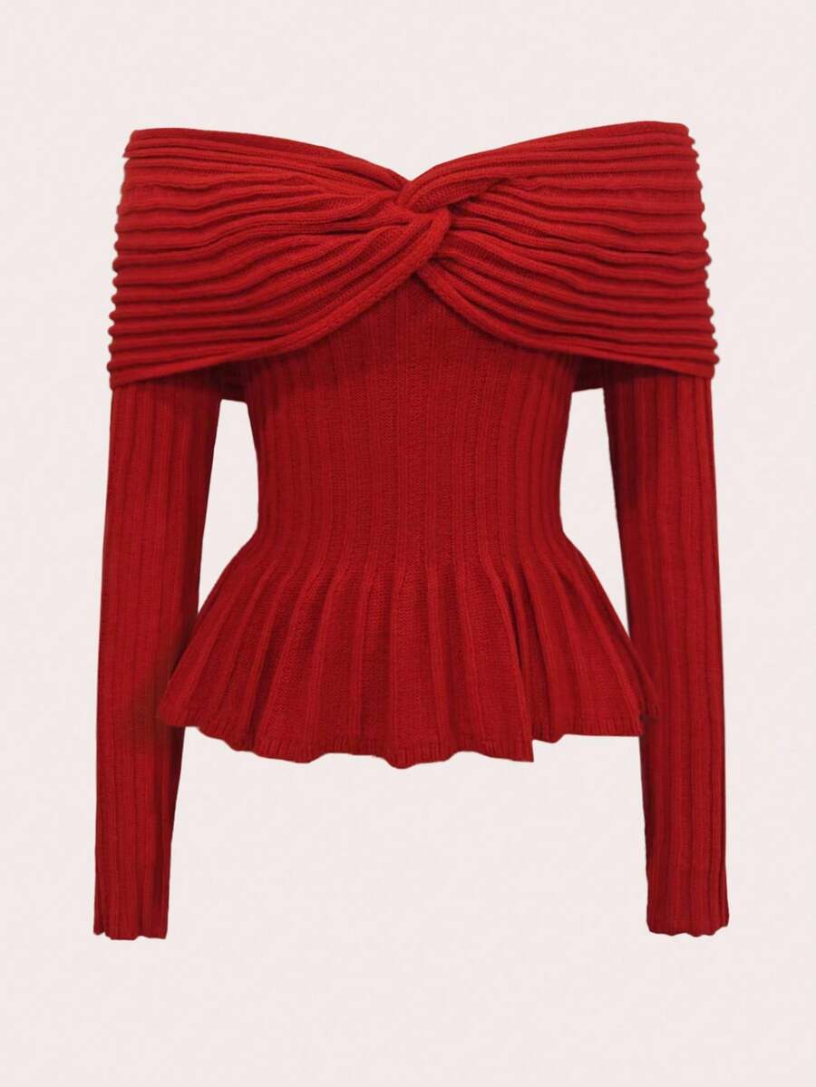 Islaluna Women's Red Elegant Off-Shoulder Long Sleeve Knit Top,Autumn Party Slim Fit Ruffled Babydoll Cropped Sweater,French Bow Waisted Ribbed Casual Pullover - Red - View 1