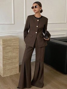 Livesso Ensemble 2 pièces pour femmes avec Top à encolure ronde et taille cintrée, et pantalon ample pour l'automne - Tabac - Voir 6