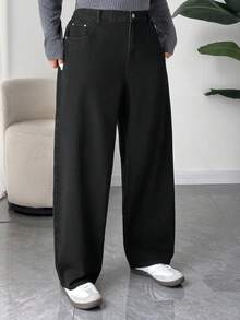 Dazy Plus Plus Size Women Black Solid Washed Slim Straight Leg Long Jeans, Autumn