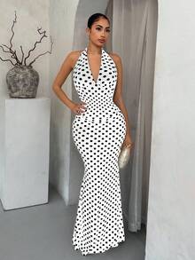 SHEIN SXY 黑白波点优雅挂脖鱼尾下摆连衣裙 - 白色 - 查看 5