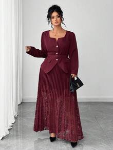 SHEIN Elenzya 2 pièces Blazer veste à manches longues avec col carré, boutons métalliques et ceinture pour femmes grandes tailles, et jupe longue plissée avec patchwork en dentelle, convient pour le travail et les occasions