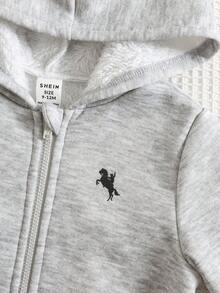 SHEIN 男婴/女婴拉绒加厚插肩袖动物印花宽松连帽拉链连体衣，适合冬季 - 淺灰色 - 查看 5