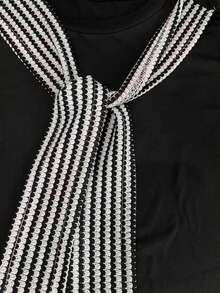 女式休闲条纹拼布圆领长袖T恤，秋季 - 黑色 - 查看 3