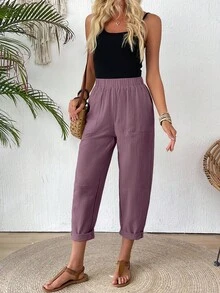 EMERY ROSE Pantaloni de damă din bumbac, cu talie elastică, culoare solidă, cu buzunar, casual