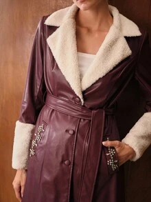 MOTF PREMIUM RHINESTONE DETAIL CONTRAST FUZZY COLLAR COAT - Red - View 3