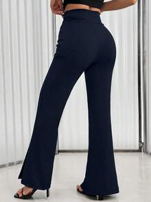EMERY ROSE High Waist Solid Color Flare Leg Elegant Office Pants - Navy Blue - View 2