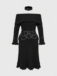 ROMWE Goth Vestido de suéter gótico retro de talla grande para mujer con cuello volante, hombros descubiertos, mangas con volantes, correa de cuero y cadena metálica en la cintura, vestido de suéter negro de otoño/invierno, vestido de suéter vintage negro de moda para mujer - Negro - Ver 4