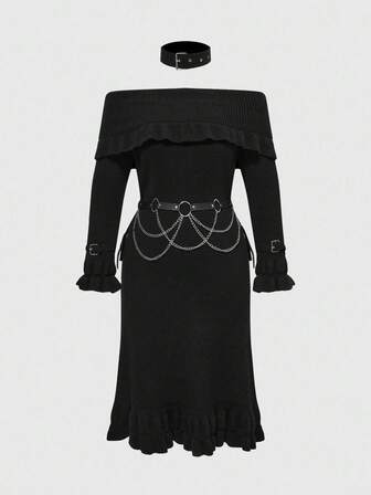 Goth Plus Size Women Gothic Retro Grunge-Punk Elegant Ruffled Collar Off-Shoulder Ruffle Sleeve Leather Strap Gothic Metal Chain Waist Belt Sweater Dress, Autumn/Winter Black Sweater Dress, Women Fashion Pullover Black Vintage Sweater Dress