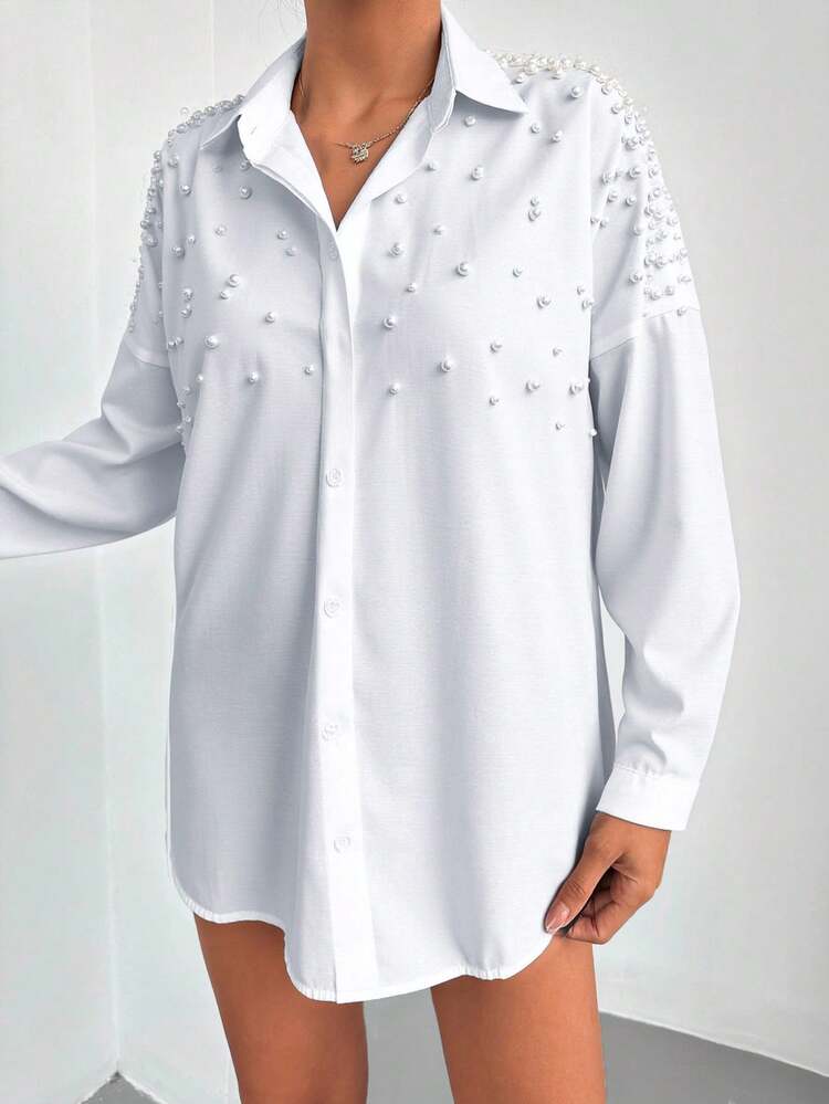 EURMUSE 100%Cotton Women's Long Sleeve Dropped Shoulder Beaded Shirt - White - View 3