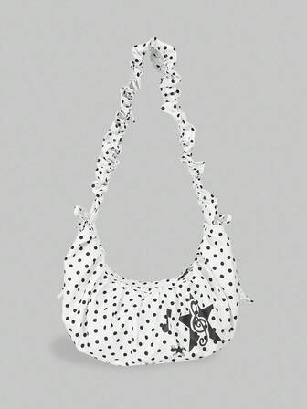 Kawaii 1 pieza Bolso de estilo japonés lindo con lunares negros y blancos en forma de media luna, con volantes beige, cordón ajustable para hombro/cruzado, decoración de notas musicales Y2K, adecuado para uso diario de adolescentes