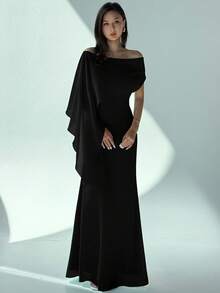 Aloruh 新款露肩船领飘逸修身设计感生日迷你连衣裙派对鸡尾酒会百搭绿色美人鱼下摆长裙，婚礼宾客礼服 - 黑色 - 查看 7