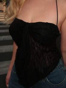 Turnttoni 女士夏季撞色蕾丝蝴蝶结前挂脖黑色上衣 Y2K 装 - 黑色 - 查看 3