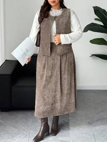Dazy Plus 2pcs Velvet Thickened Casual Vest & Skirt Set, Versatile Plus Size Autumn Outfit - Khaki - View 4
