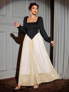 Cravure Christmas Plus Size Women Square Neck Long Sleeve Color Block Elegant Dress, Suitable For Party And Gathering - Multicolor - View 4