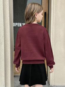 SHEIN Tween-Mädchen Lässiger, locker geschnittener Strickpullover in Burgunderrot, Herbst/Winter, ideal für Weihnachten und den Alltag, auch als Partnerlook-Pullover für Mutter und Kind geeignet - Bordeaux - Übersicht 2