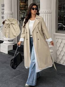 Easura 加大双排扣束带风衣 - 卡其色 - 查看 3