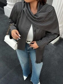 Easura Plus Size Women Striped Long Sleeve Single-Breasted Casual Blazer Jacket With Scarf, Autumn Fall Cloth For Women Winter - Dark Grey - View 5